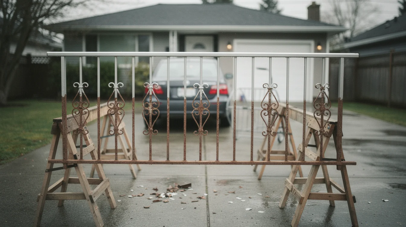 Rust removal on a wrought-iron railing blasted to bare metal by Vancouver Pro Sandblasting