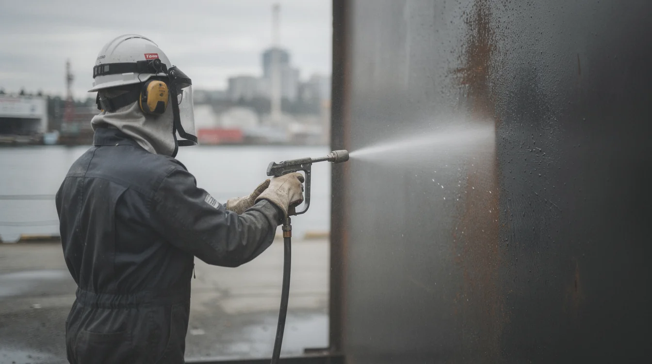 Dustless wet blasting suppressing dust on a metal surface by Vancouver Pro Sandblasting